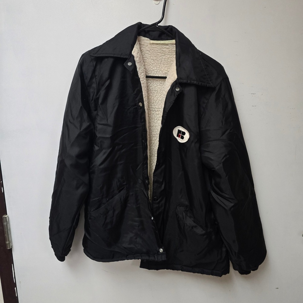 Vtg 90s Holloway Sherpa Lined Coach Jacket Black Russal Brand Logo USA Made L
